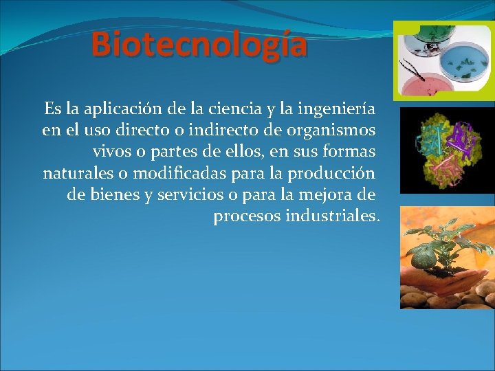 Biotecnología Es la aplicación de la ciencia y la ingeniería en el uso directo