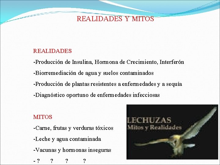 REALIDADES Y MITOS REALIDADES -Producción de Insulina, Hormona de Crecimiento, Interferón -Biorremediación de agua