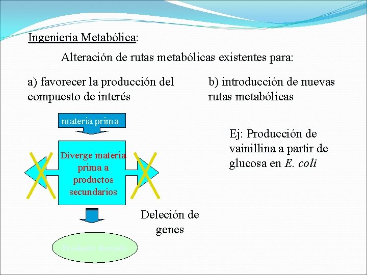 Ingeniería Metabólica: Alteración de rutas metabólicas existentes para: a) favorecer la producción del compuesto