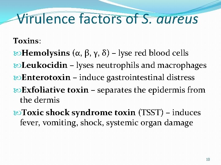 Virulence factors of S. aureus Toxins: Hemolysins (α, β, γ, δ) – lyse red