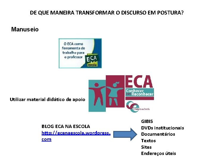 DE QUE MANEIRA TRANSFORMAR O DISCURSO EM POSTURA? Manuseio Utilizar material didático de apoio