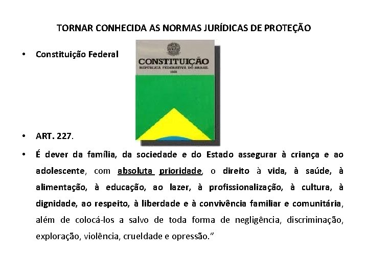 TORNAR CONHECIDA AS NORMAS JURÍDICAS DE PROTEÇÃO • Constituição Federal • ART. 227. •