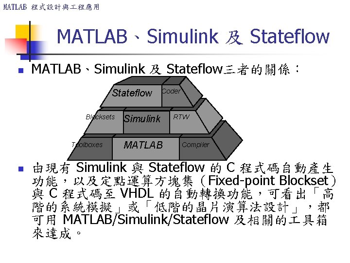 MATLAB 程式設計與 程應用 MATLAB、Simulink 及 Stateflow n MATLAB、Simulink 及 Stateflow三者的關係: Stateflow Blocksets Toolboxes n MATLAB 程式設計與 程應用 MATLAB、Simulink 及 Stateflow n MATLAB、Simulink 及 Stateflow三者的關係: Stateflow Blocksets Toolboxes n