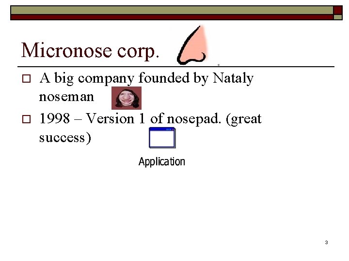 Micronose corp. o o A big company founded by Nataly noseman 1998 – Version