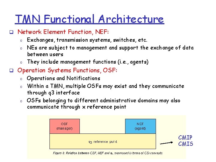 TMN Functional Architecture q Network Element Function, NEF: o o o Exchanges, transmission systems,