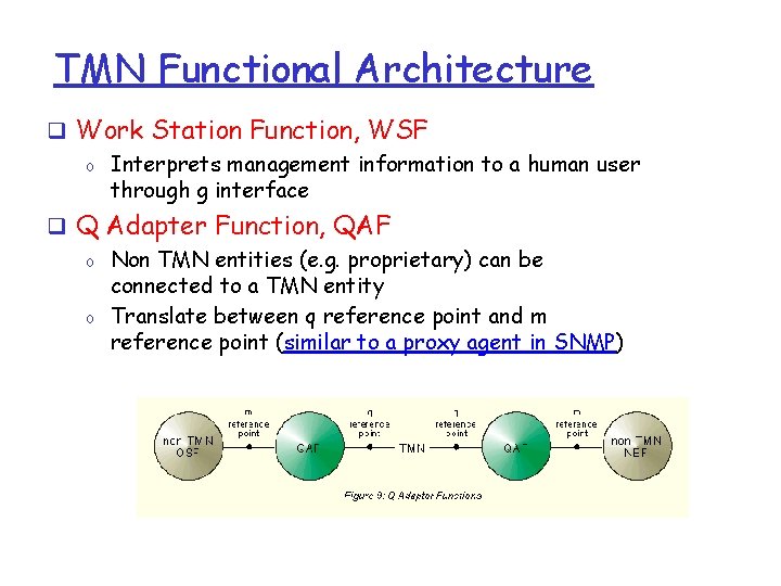 TMN Functional Architecture q Work Station Function, WSF o Interprets management information to a