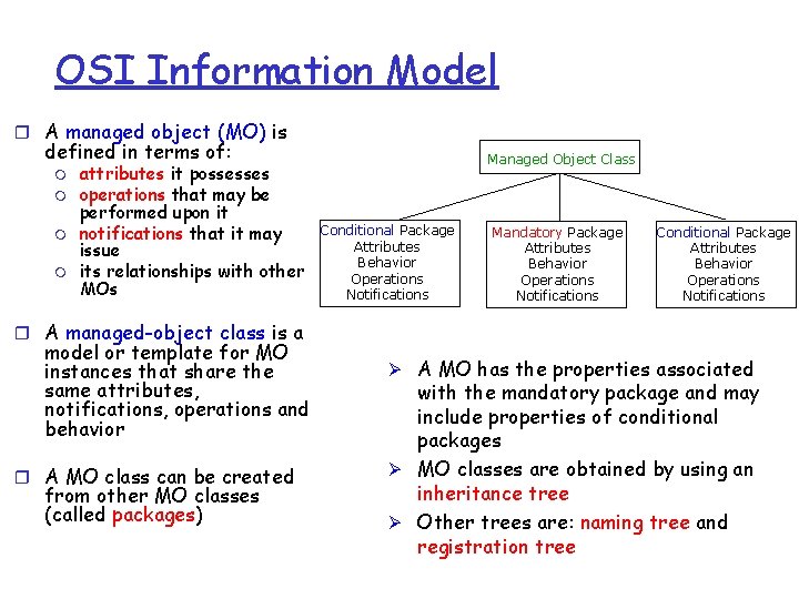 OSI Information Model r A managed object (MO) is defined in terms of: m
