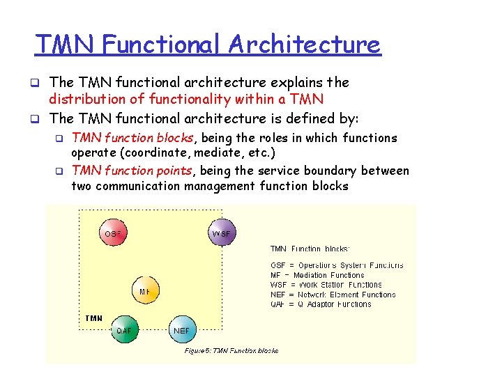 TMN Functional Architecture q The TMN functional architecture explains the distribution of functionality within