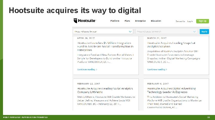 Hootsuite acquires its way to digital © 2017 FORRESTER. REPRODUCTION PROHIBITED. 33 