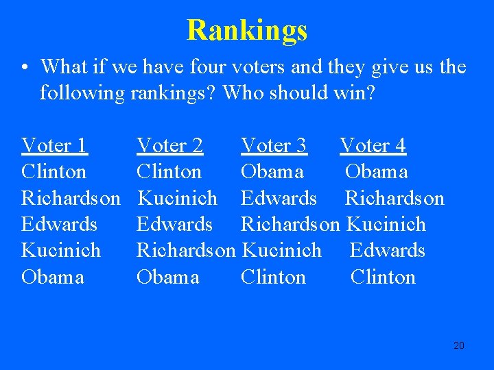 Rankings • What if we have four voters and they give us the following