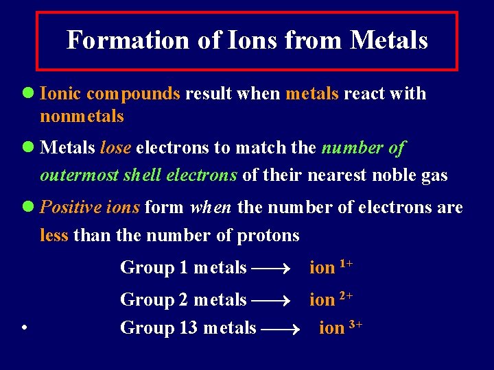 Formation of Ions from Metals Ionic compounds result when metals react with nonmetals Metals