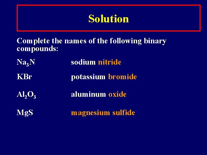 Solution Complete the names of the following binary compounds: Na 3 N sodium nitride