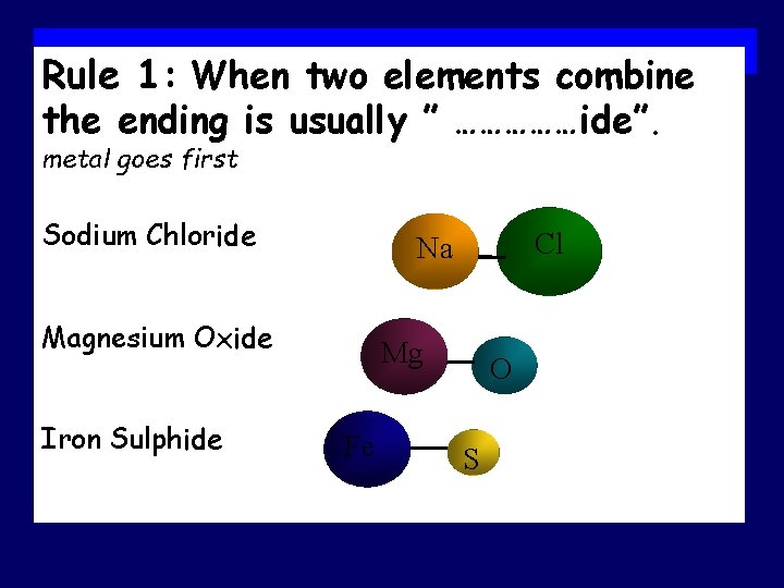 Rule 1: When two elements combine the ending is usually ” ……………ide”. metal goes