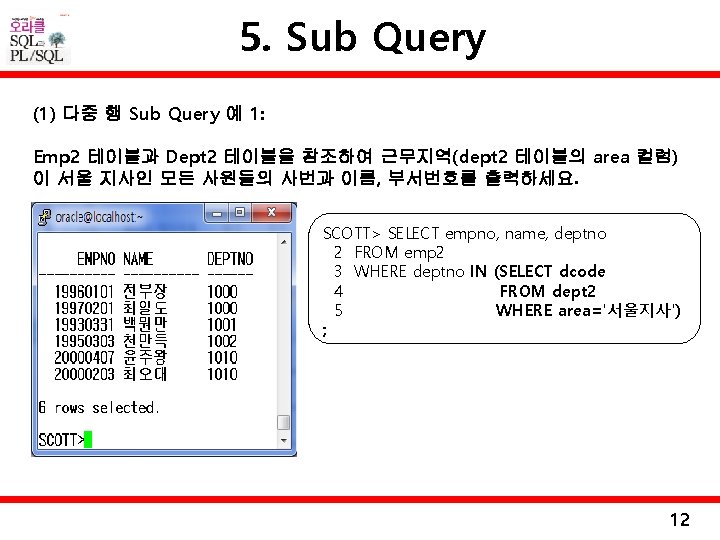 5. Sub Query (1) 다중 행 Sub Query 예 1: Emp 2 테이블과 Dept