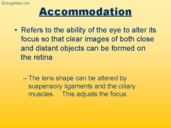 Biology. Mad. com Accommodation • Refers to the ability of the eye to alter