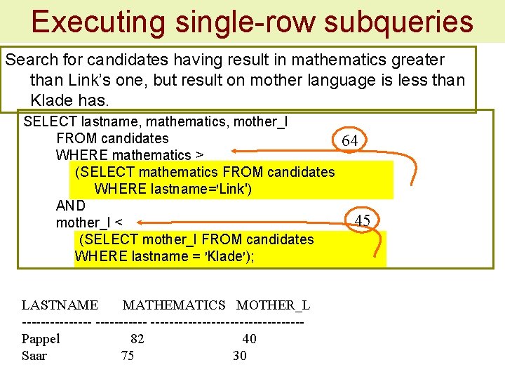 Executing single-row subqueries Search for candidates having result in mathematics greater than Link’s one,