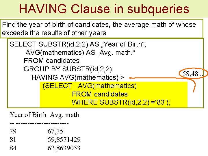 HAVING Clause in subqueries Find the year of birth of candidates, the average math