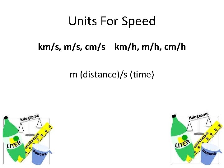 Units For Speed km/s, cm/s km/h, cm/h m (distance)/s (time) 