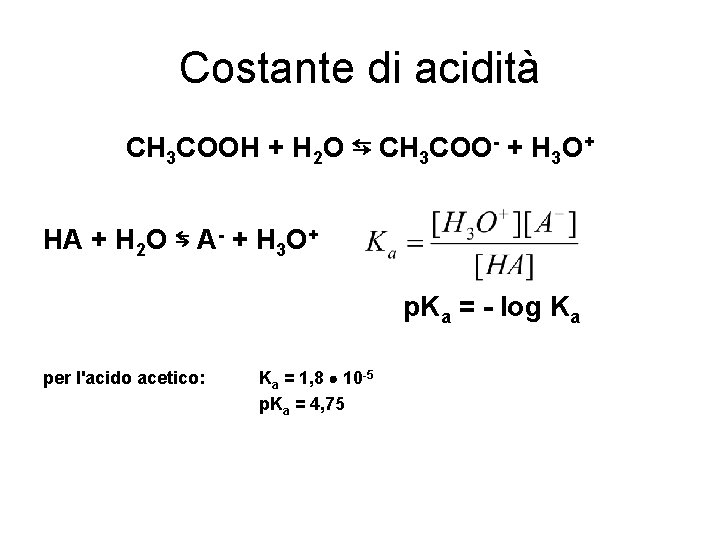 Costante di acidità CH 3 COOH + H 2 O ⇆ CH 3 COO-