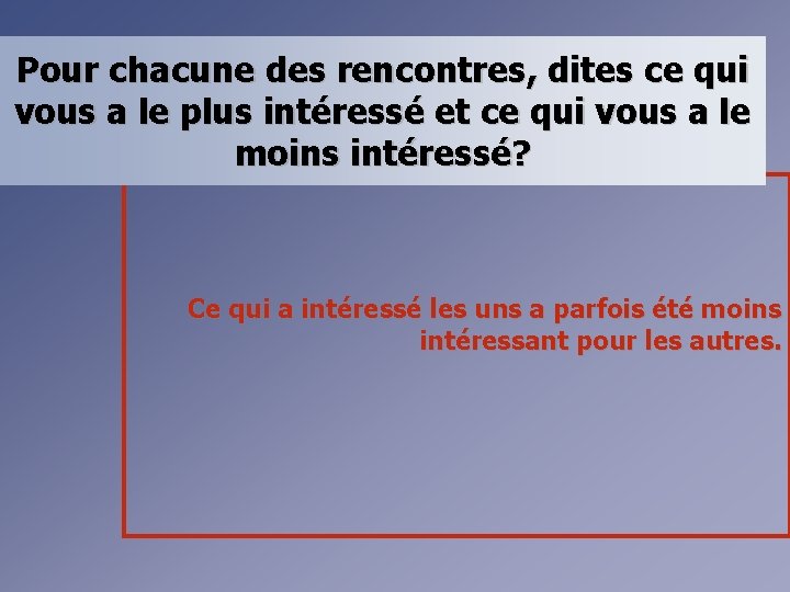 Pour chacune des rencontres, dites ce qui vous a le plus intéressé et ce