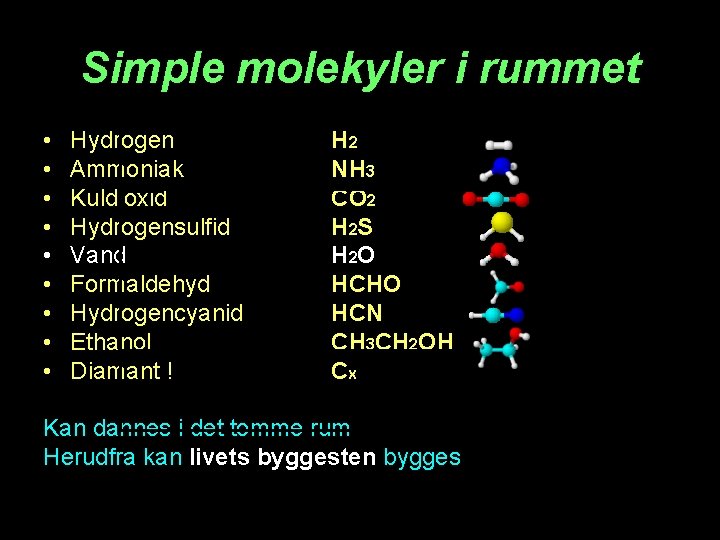 Simple molekyler i rummet • • • Hydrogen Ammoniak Kuldioxid Hydrogensulfid Vand Formaldehyd Hydrogencyanid