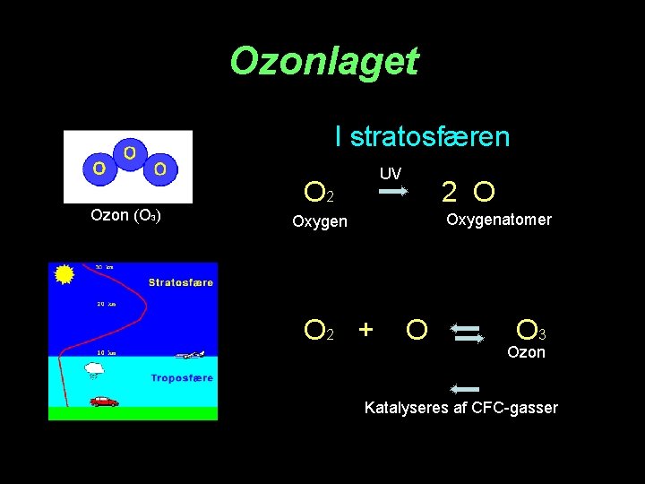 Ozonlaget I stratosfæren Ozon (O 3) UV O 2 2 O Oxygenatomer Oxygen O