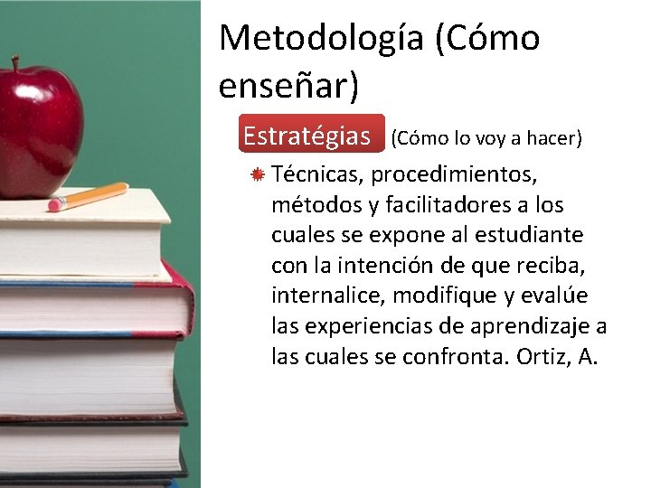 Metodología (Cómo enseñar) • Estratégias (Cómo lo voy a hacer) Técnicas, procedimientos, métodos y