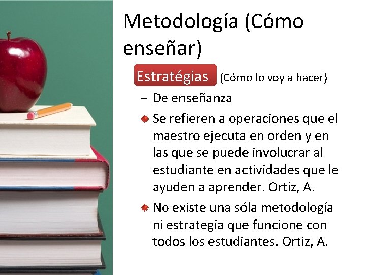 Metodología (Cómo enseñar) • Estratégias (Cómo lo voy a hacer) – De enseñanza Se
