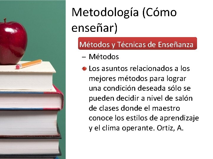 Metodología (Cómo enseñar) • Métodos y Técnicas de Enseñanza – Métodos Los asuntos relacionados