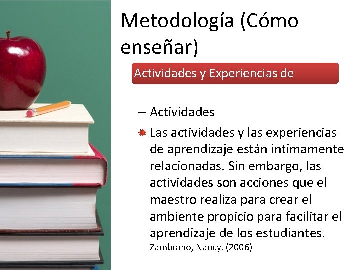 Metodología (Cómo enseñar) • Actividades y Experiencias de Aprendizaje – Actividades Las actividades y