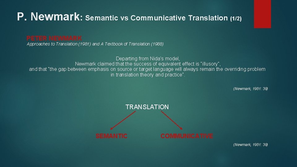 P. Newmark: Semantic vs Communicative Translation (1/2) PETER NEWMARK Approaches to Translation (1981) and