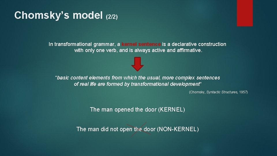 Chomsky’s model (2/2) In transformational grammar, a kernel sentence is a declarative construction with