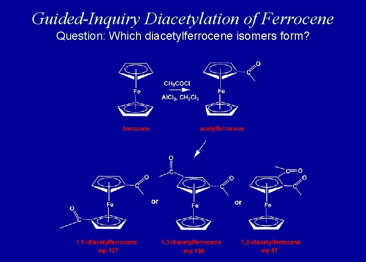 Guided-Inquiry Diacetylation of Ferrocene Question: Which diacetylferrocene isomers form? Guided-Inquiry Diacetylation of Ferrocene Question: Which diacetylferrocene isomers form?
