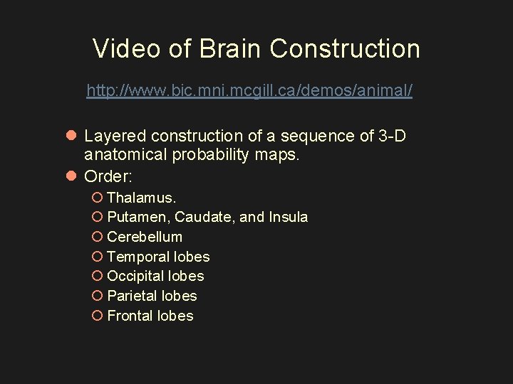 Video of Brain Construction http: //www. bic. mni. mcgill. ca/demos/animal/ l Layered construction of