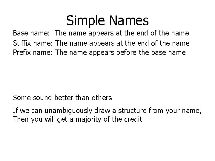 Simple Names Base name: The name appears at the end of the name Suffix