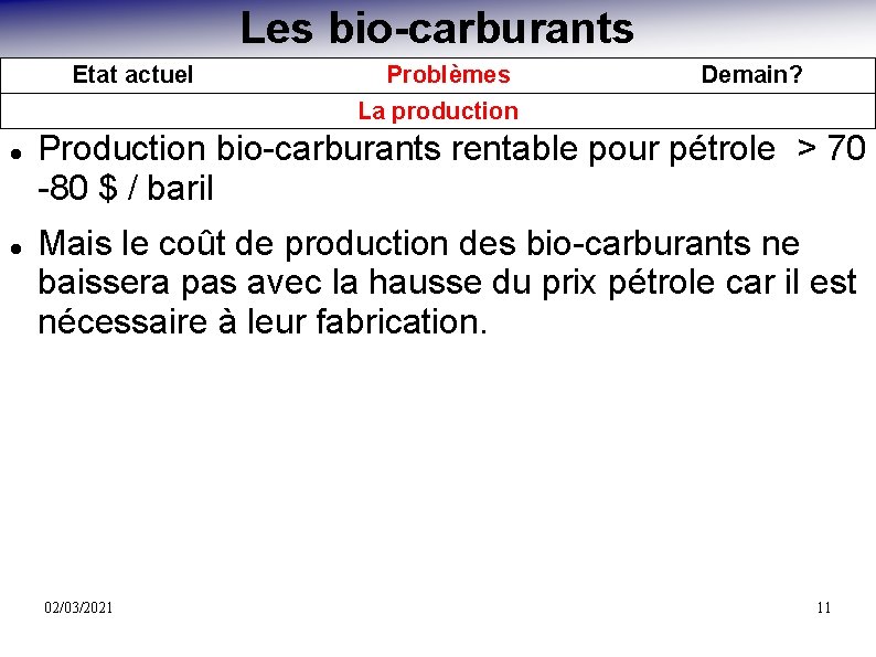 Les bio-carburants Etat actuel Problèmes La production Demain? Production bio-carburants rentable pour pétrole >