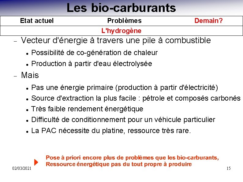 Les bio-carburants Etat actuel Demain? Vecteur d'énergie à travers une pile à combustible Problèmes