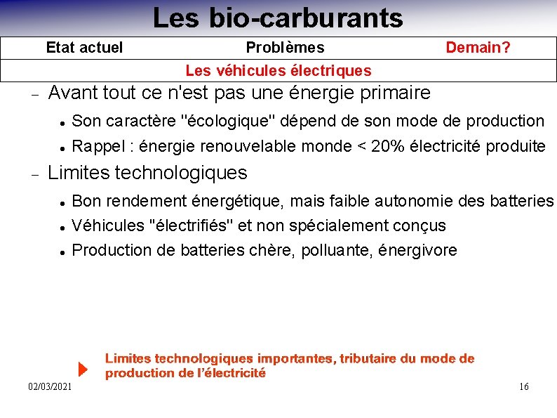 Les bio-carburants Etat actuel Demain? Avant tout ce n'est pas une énergie primaire Problèmes