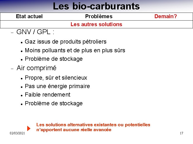 Les bio-carburants Etat actuel Demain? GNV / GPL : Problèmes Les autres solutions Gaz