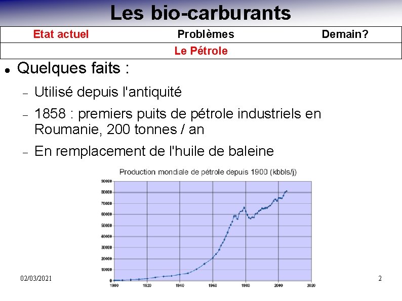 Les bio-carburants Etat actuel Problèmes Le Pétrole Demain? Quelques faits : Utilisé depuis l'antiquité