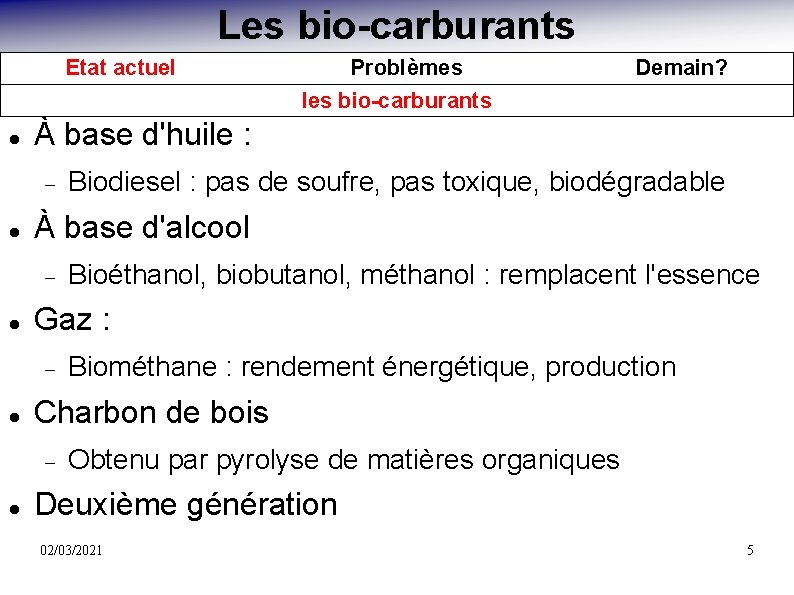 Les bio-carburants Etat actuel Biométhane : rendement énergétique, production Charbon de bois Bioéthanol, biobutanol,