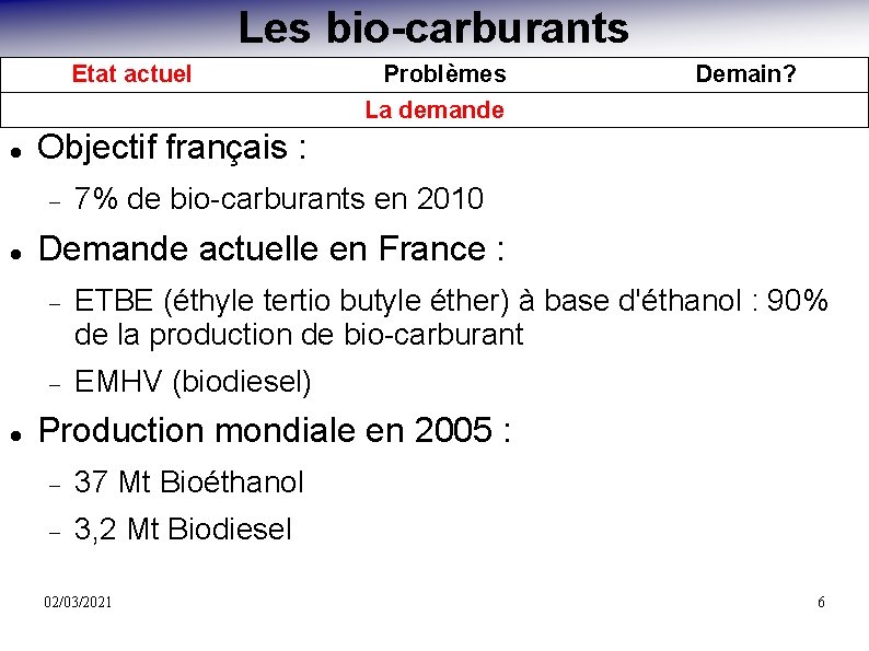 Les bio-carburants Etat actuel Demain? Objectif français : Problèmes La demande 7% de bio-carburants