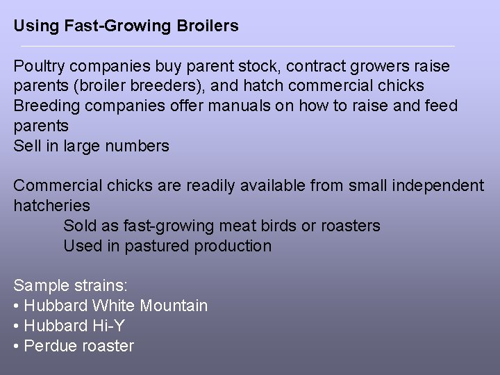 Using Fast-Growing Broilers Poultry companies buy parent stock, contract growers raise parents (broiler breeders),