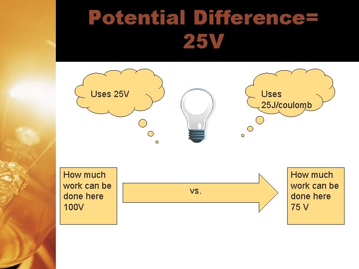 Potential Difference= 25 V Uses 25 V How much work can be done here