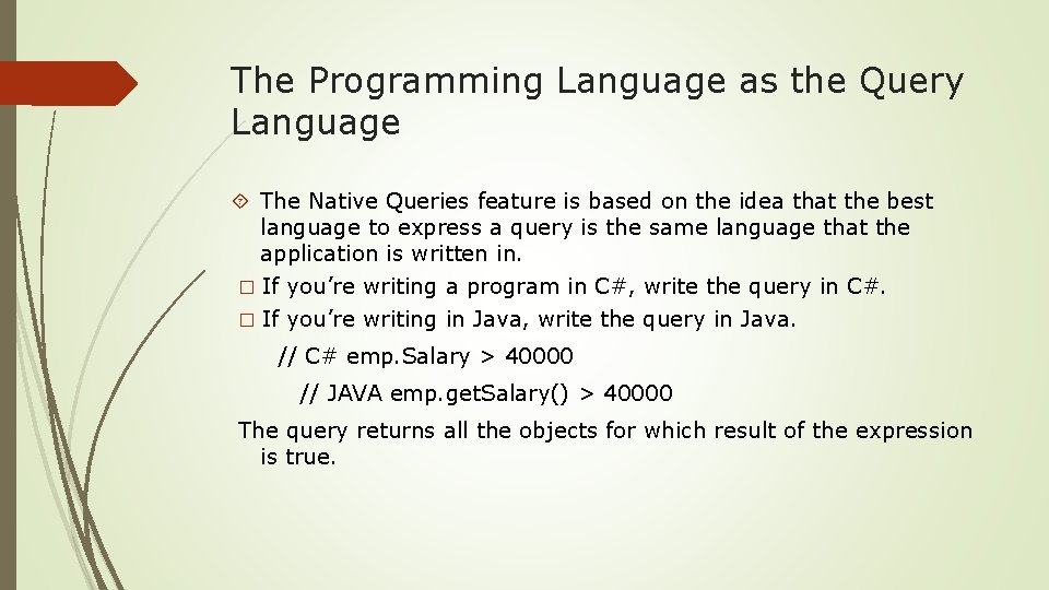 The Programming Language as the Query Language The Native Queries feature is based on