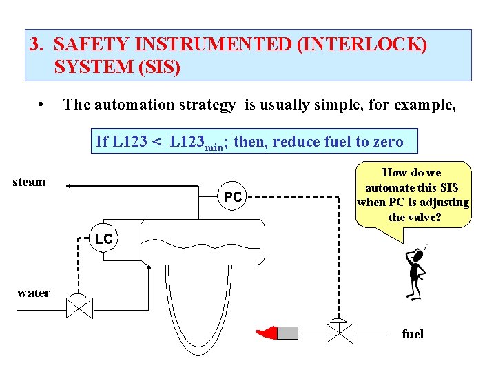 3. SAFETY INSTRUMENTED (INTERLOCK) SYSTEM (SIS) • The automation strategy is usually simple, for