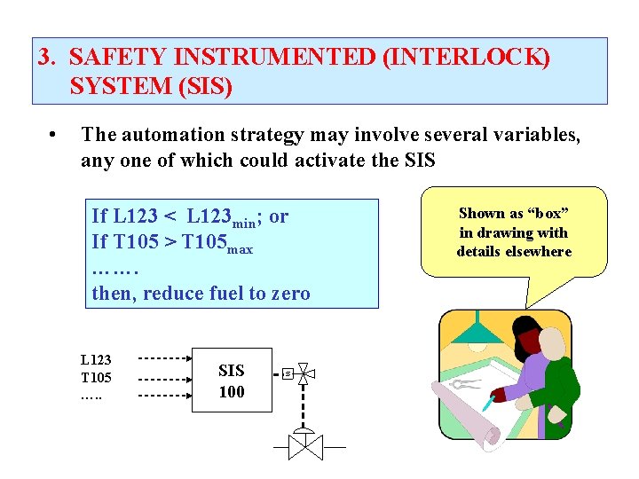 3. SAFETY INSTRUMENTED (INTERLOCK) SYSTEM (SIS) • The automation strategy may involve several variables,