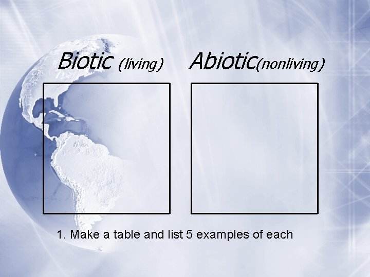 Biotic (living) Abiotic(nonliving) 1. Make a table and list 5 examples of each 