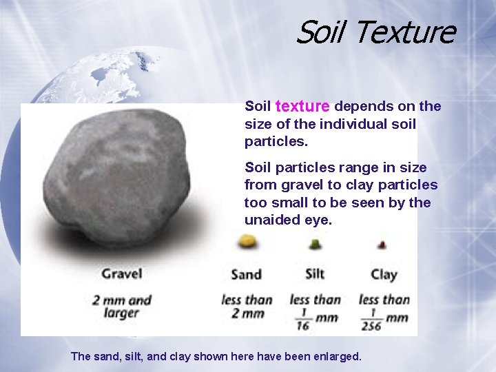 Soil Texture Soil texture depends on the size of the individual soil particles. Soil