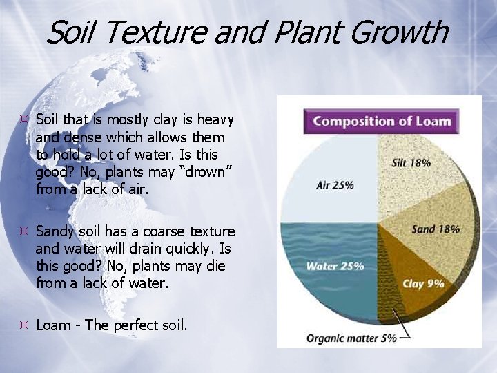 Soil Texture and Plant Growth Soil that is mostly clay is heavy and dense
